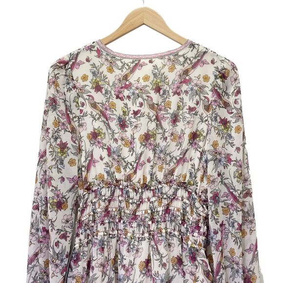 NWT Max Studio Smocked Cream Pink Floral Bird Print Mini Dress Size Medium NEW - Picture 6 of 15